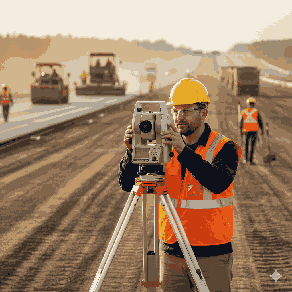 Seorang surveyor profesional sedang menggunakan digital theodolite